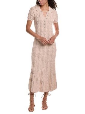 Free People Cream Cable Knit Sweater Midi Dress Collared Short Sleeve Size XS